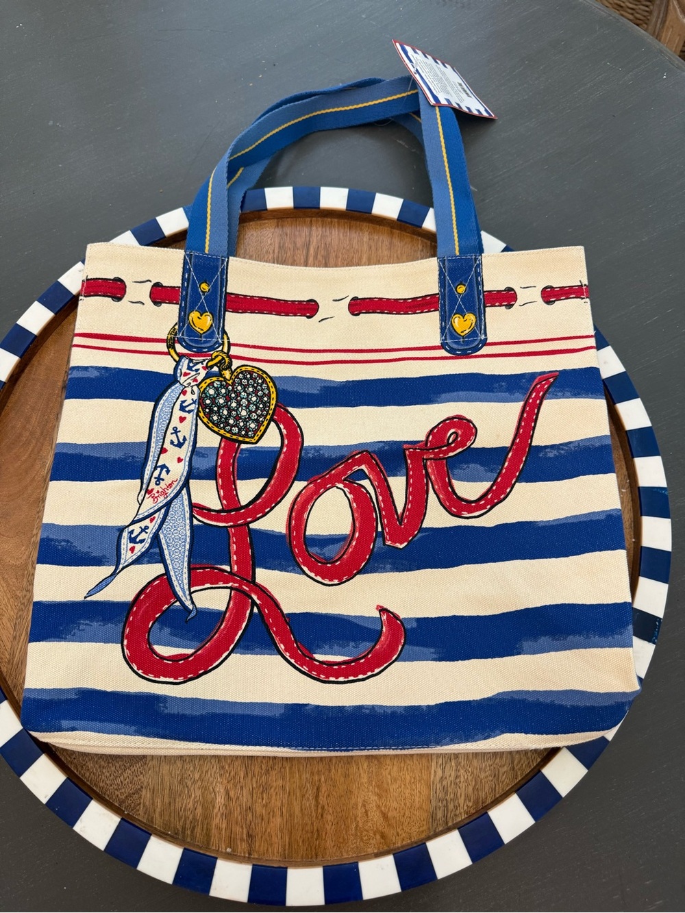 Brighton NWT Striped Love Tote Bag Nautical Blue White Red Canvas Beach Shoulder